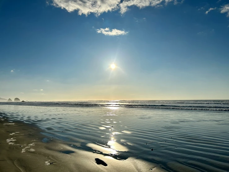 a person is walking along the beach on a sunny day