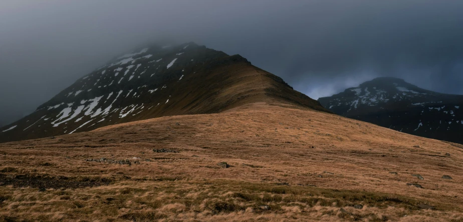 a mountain with snow on it with grass below