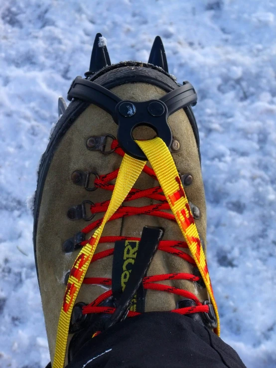 a hiker's shoe in the snow wearing a climbing aid device