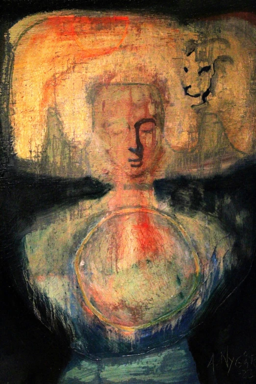 an abstract painting with a man in a hat with a dog