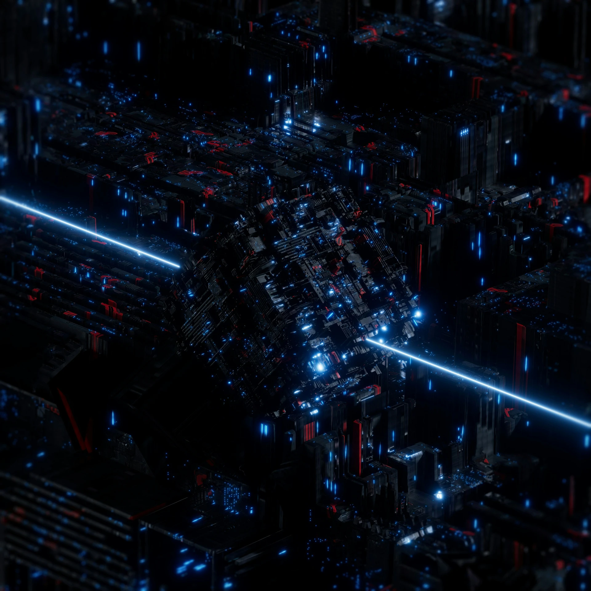 a futuristic city is depicted with many different lights