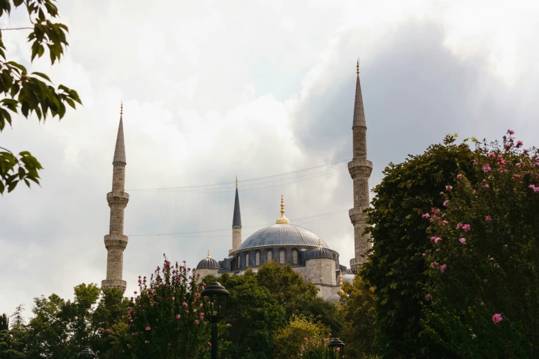 two white domes surrounded by trees on a cloudy day