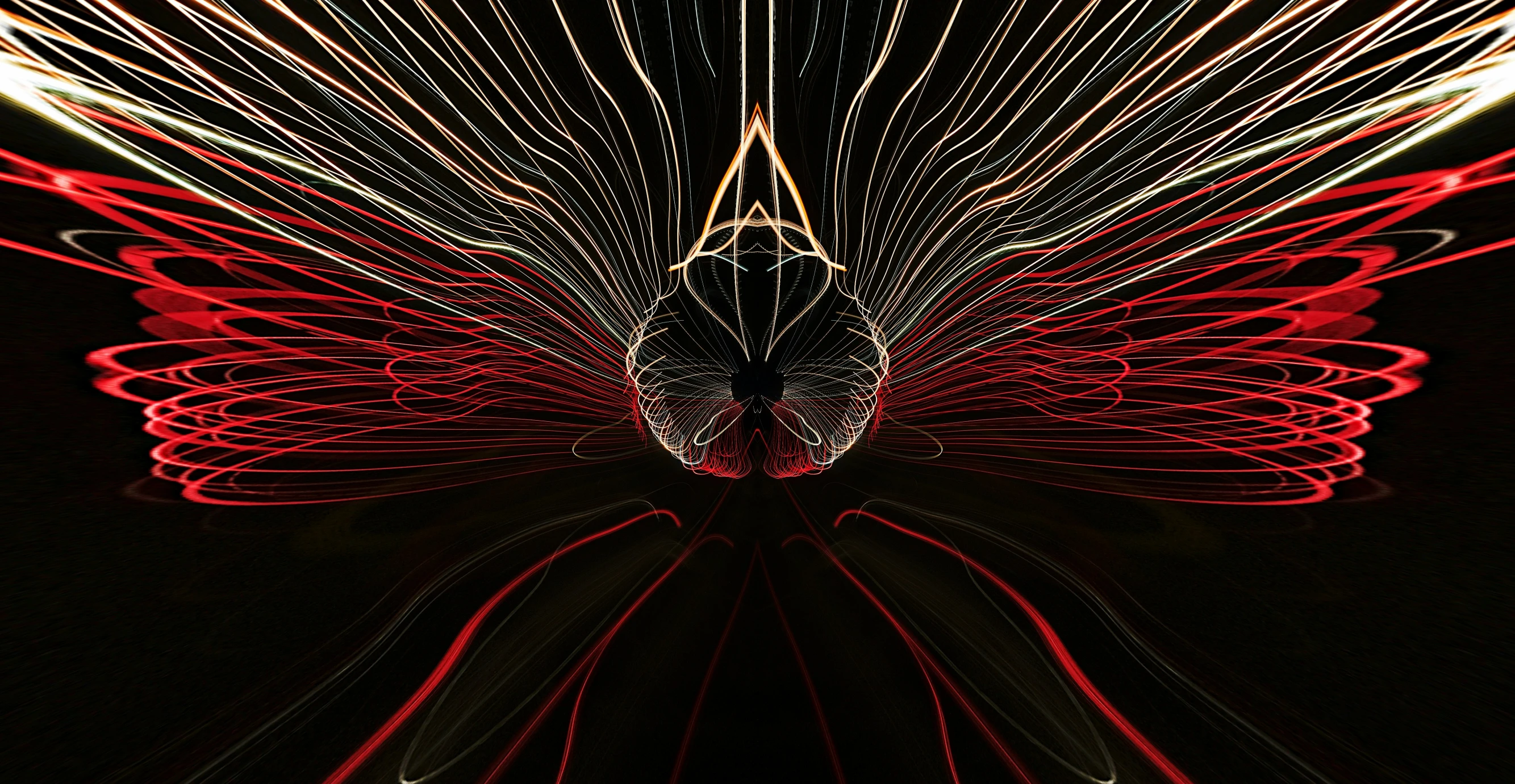 bright red lines form an abstract pograph against a black background
