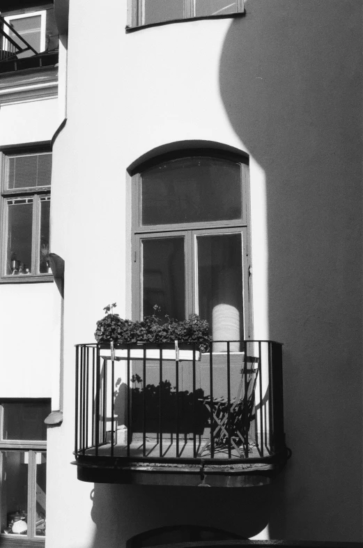 an apartment balcony with a potted plant in it