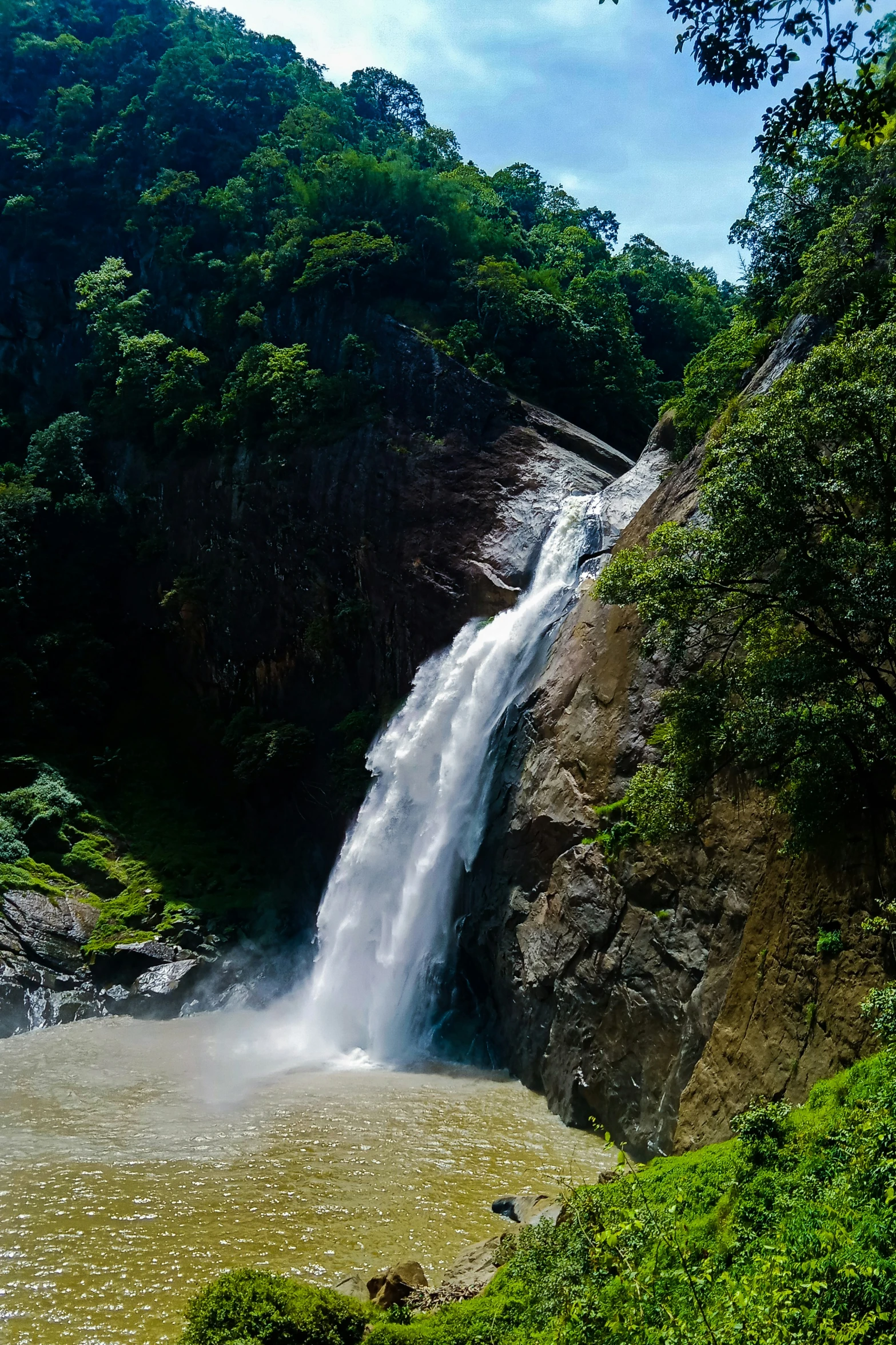 a waterfall surrounded by some trees on a sunny day