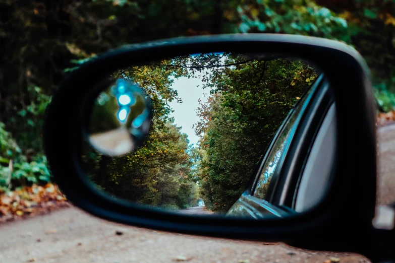 the view from a car mirror showing trees