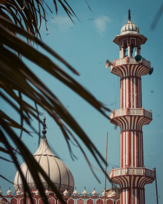 an ornate white building and its red pillars with dome