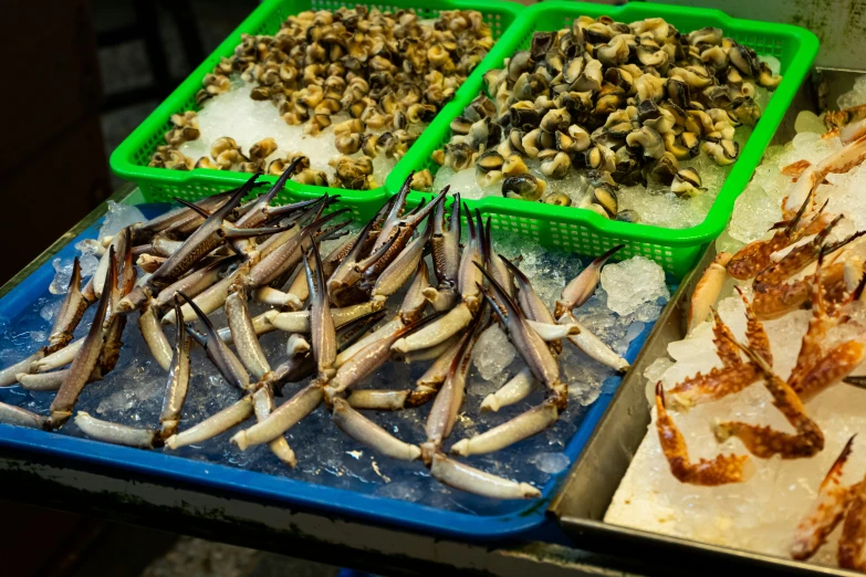 a selection of fresh seafood displayed in baskets at a fish market