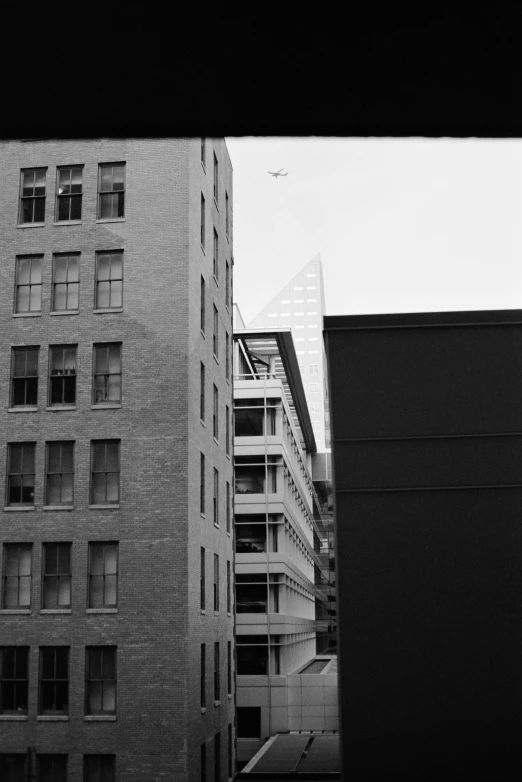 tall buildings sit beside one another in black and white