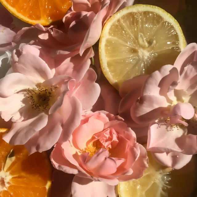 a group of cut up roses, oranges and lemon slices