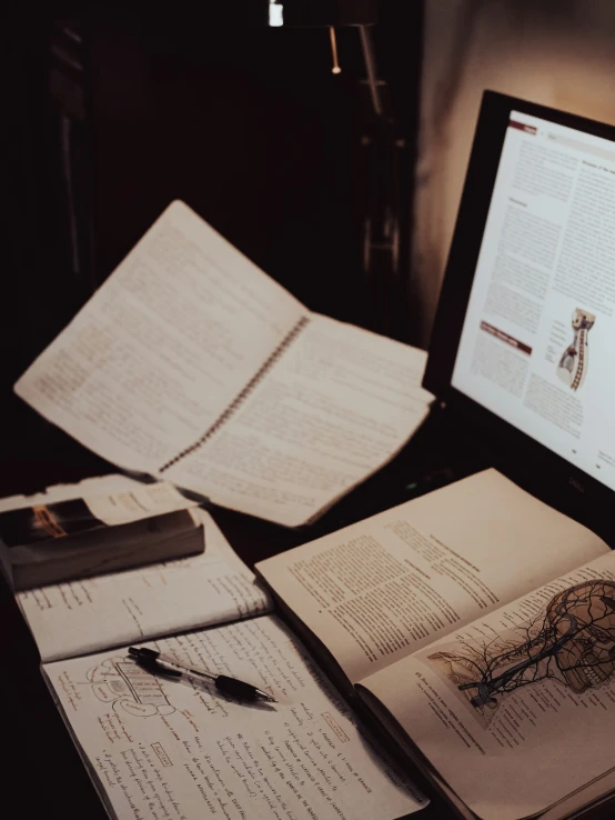 a computer and book on top of a desk