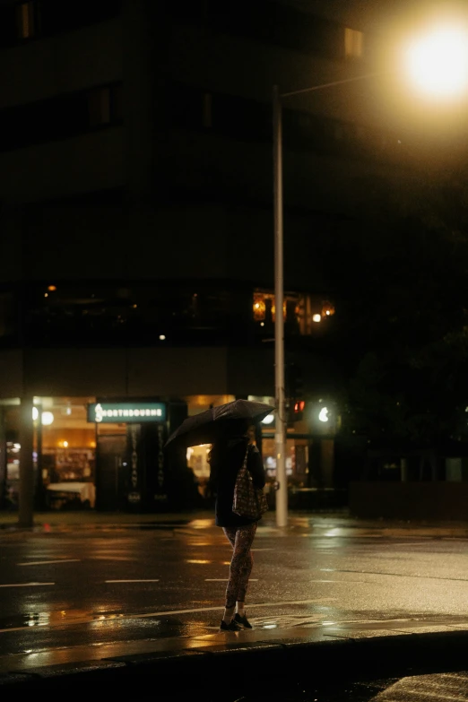 a woman holding an umbrella on a rain covered sidewalk