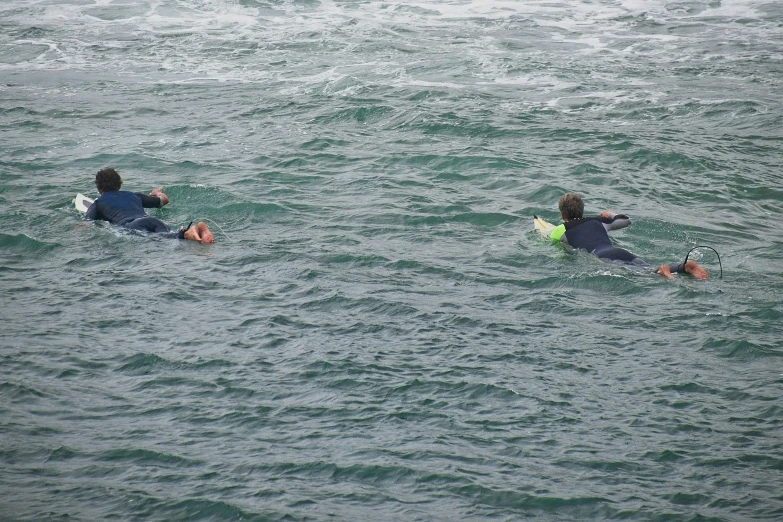 a couple of people are swimming in the water