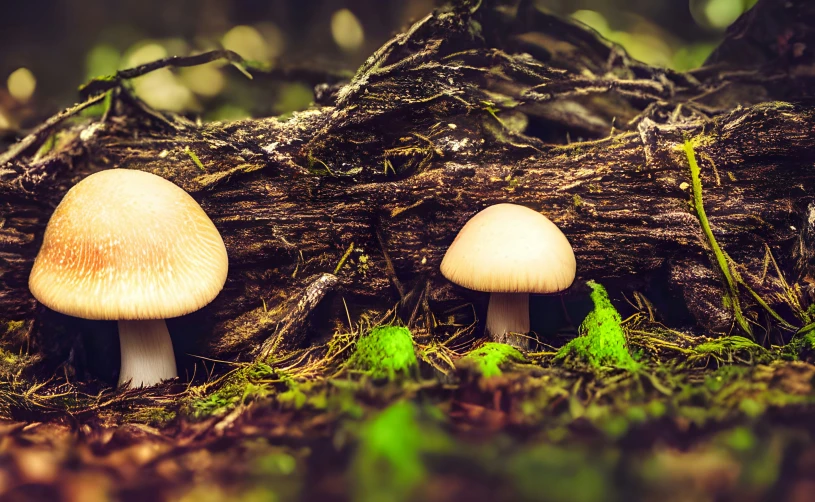 two mushrooms with moss growing on the ground in front of a fallen tree