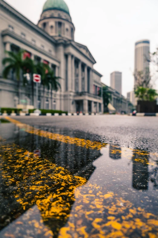 the road is wet with a reflection in the water