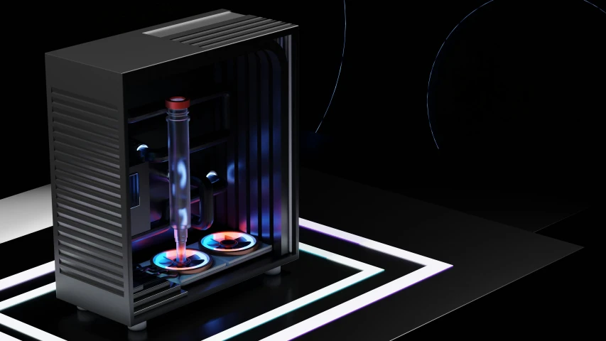 a computer tower with two speakers and neon lights