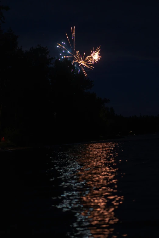 fireworks glowing on a dark night by the water