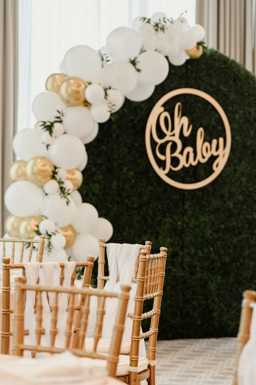 an arch with balloons is set up as a backdrop