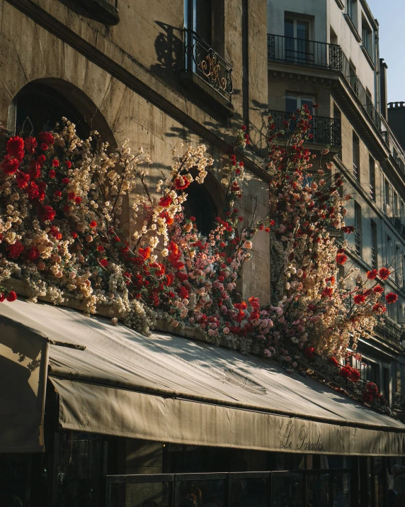 the flowery balcony is very colorful and it has red flowers