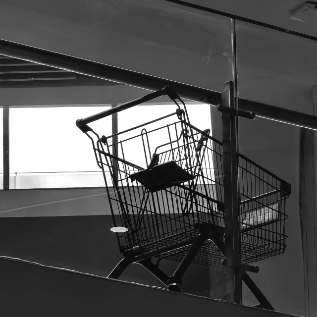 the basket in the shopping cart is reflecting off the glass