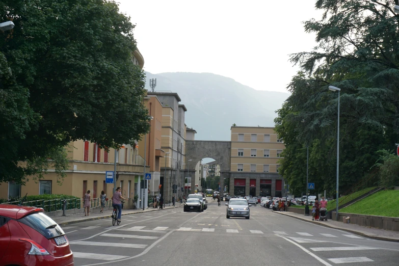 cars drive down a busy city street lined with trees