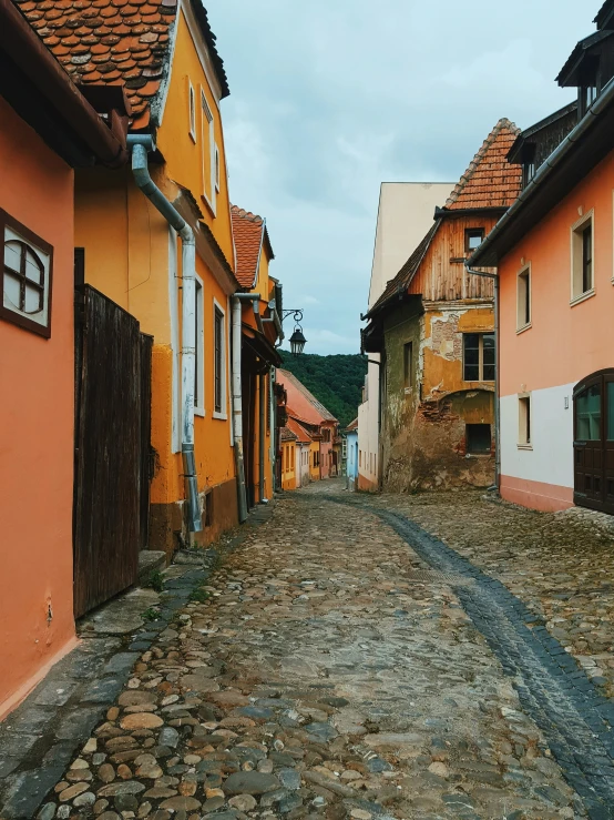 a stone road is between some buildings with orange shingles