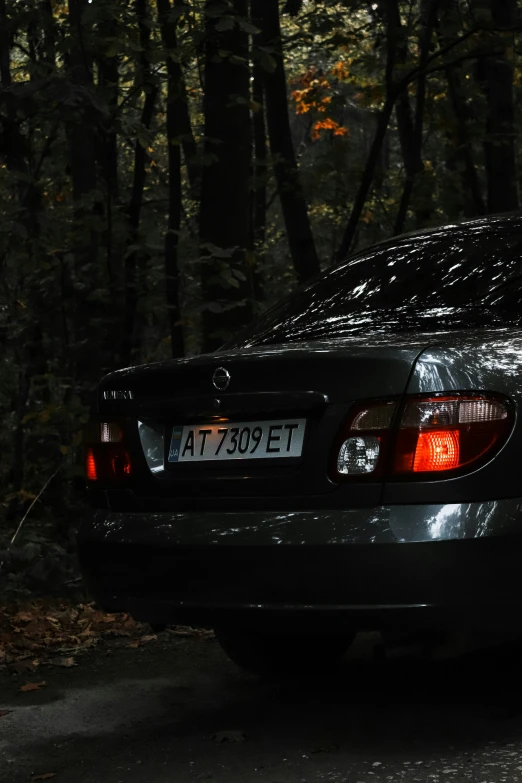 the back end of a black car in front of the woods