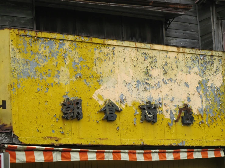 old and dirty, colorful sign on side of building with asian writing