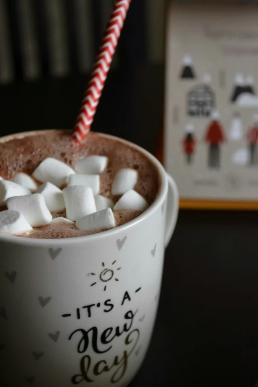 there is a small cup of  chocolate and marshmallows in it