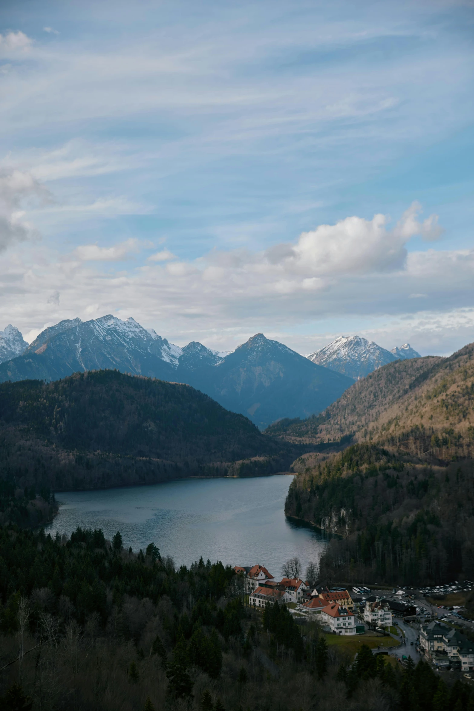 a scenic lake surrounded by mountains is surrounded by trees