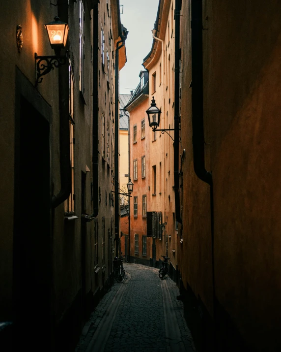 an alley with buildings and two street lamps on each side