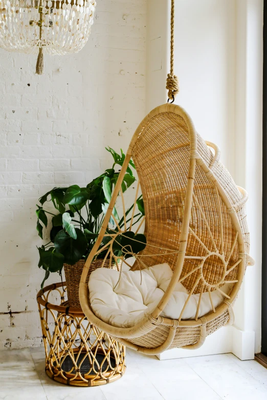 a wicker egg chair and basket with a potted plant next to it