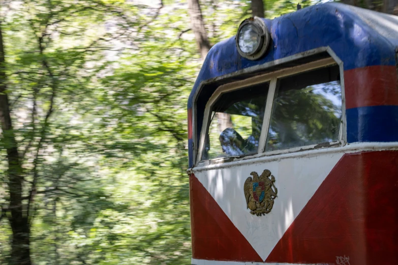 a blue red and white train is in the middle of trees