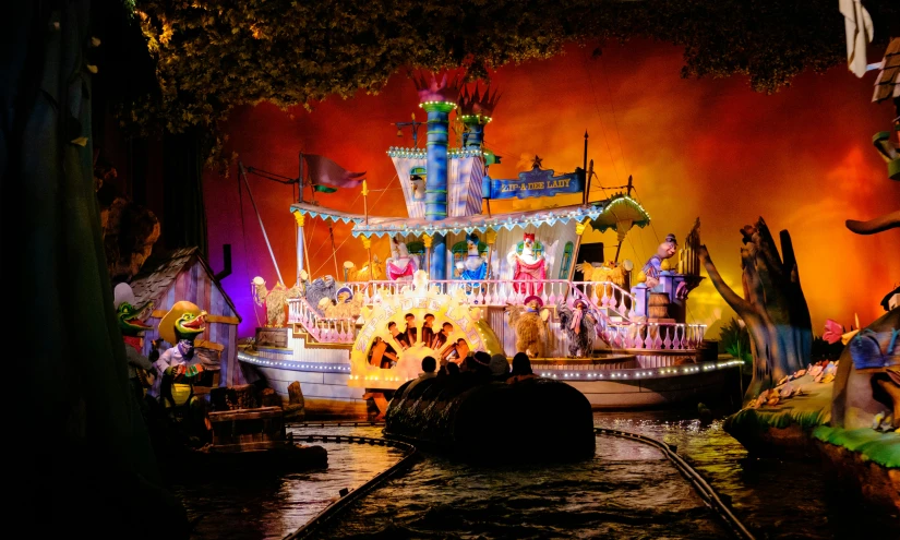 an artistically decorated float is lit up at night