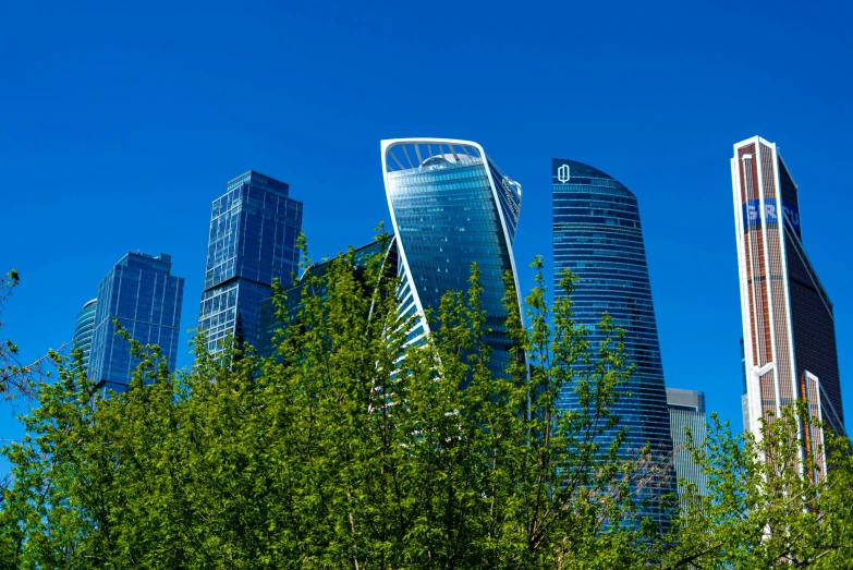 the buildings in the city are tall and stand among the green trees