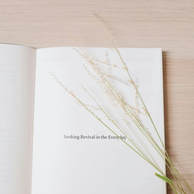 a book is open on a table with some thin grass