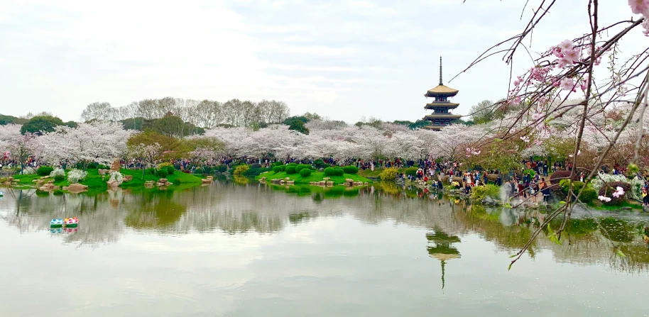 an artificial pond with a floating pagoda in the distance