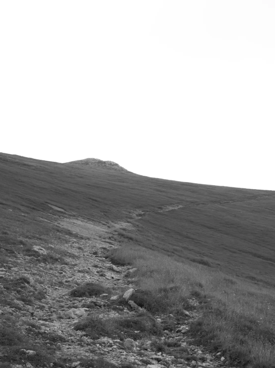 a lone hiker is walking down a hill toward the camera