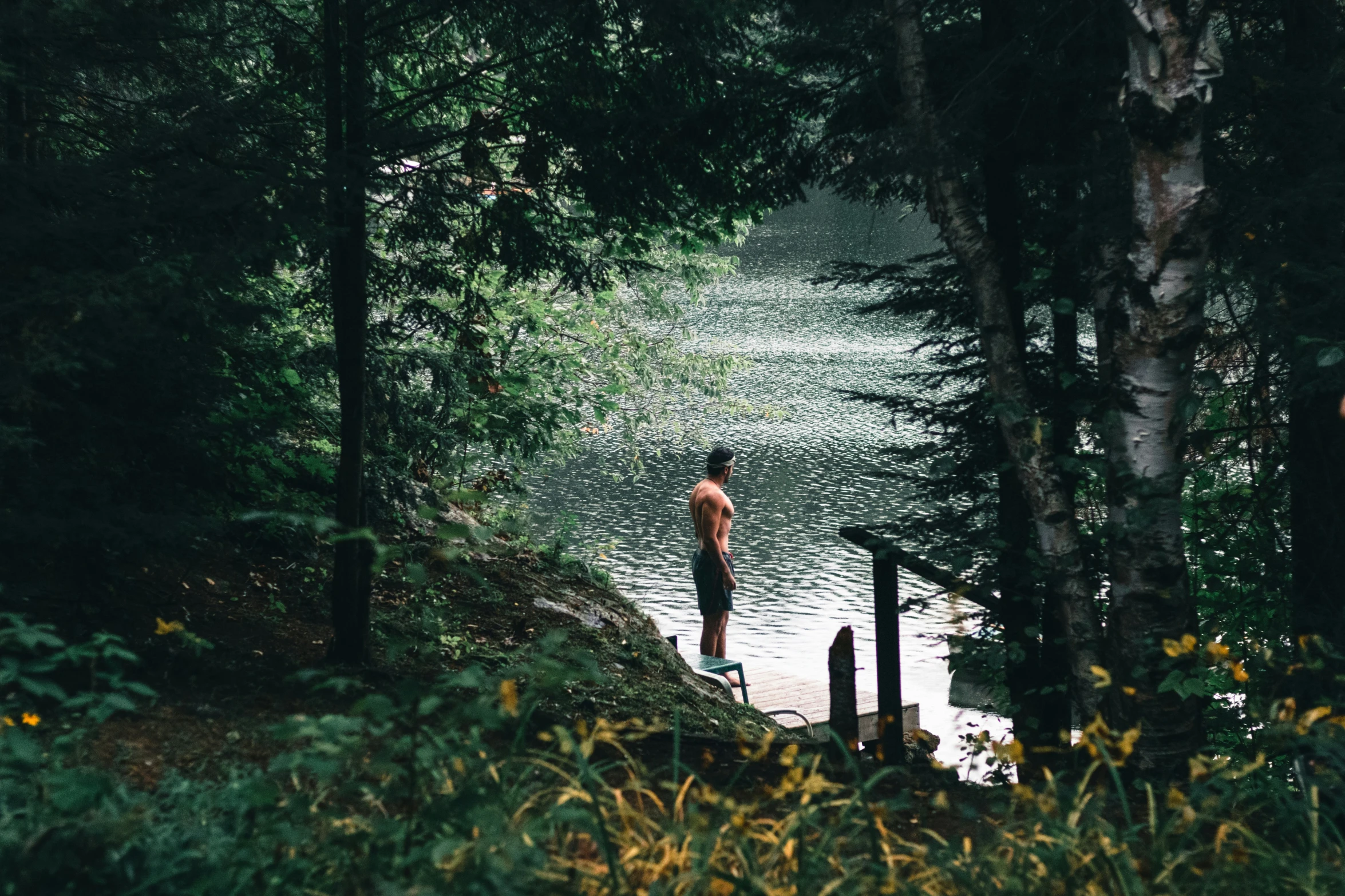 there is a man standing in the water by some trees