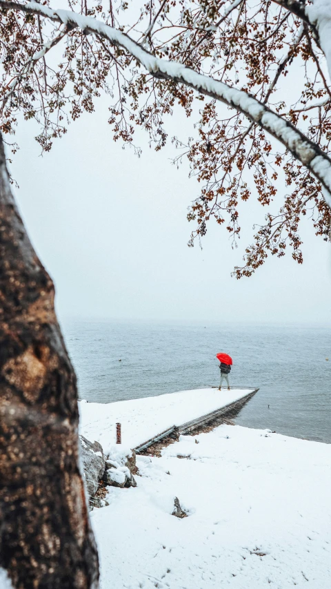 a person standing on a snowy pier under a red umbrella