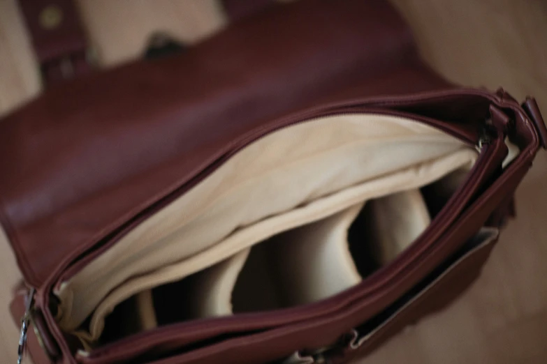 a brown handbag sitting on top of a table