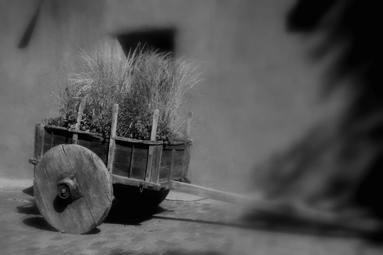 a small wheelbarrow on street next to a wall