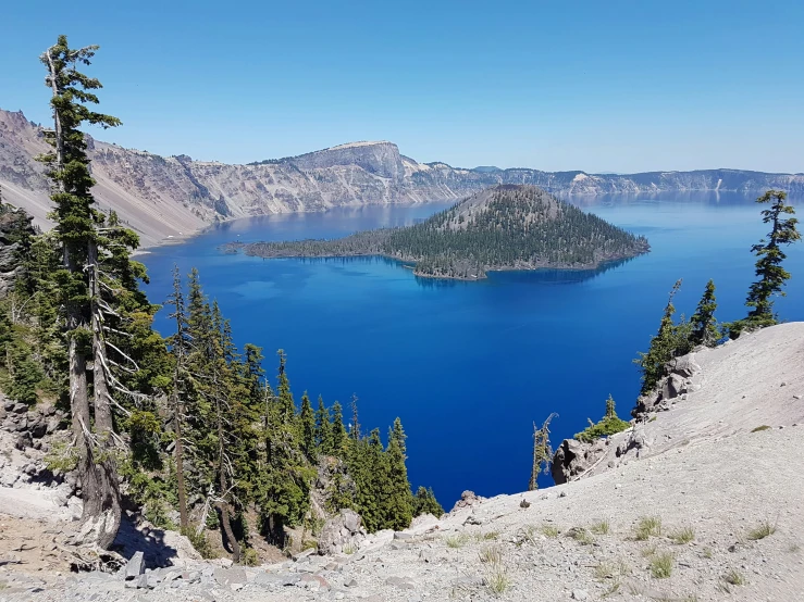 a blue lake surrounded by many trees and mountains