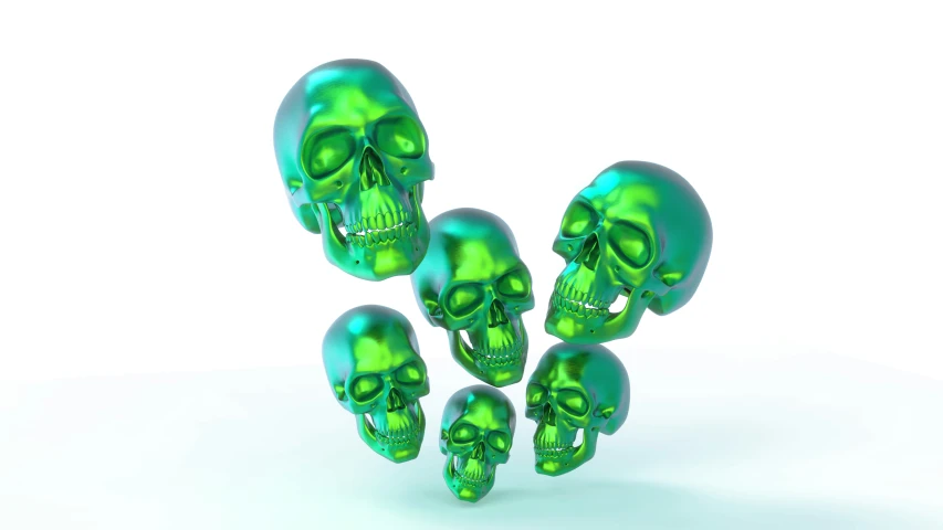 several green skulls are gathered together in a circle