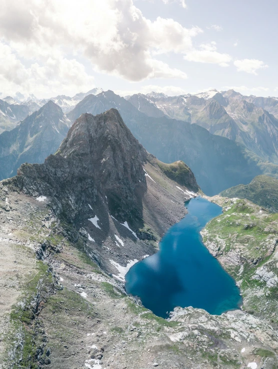 looking down on a mountain lake in the mountains