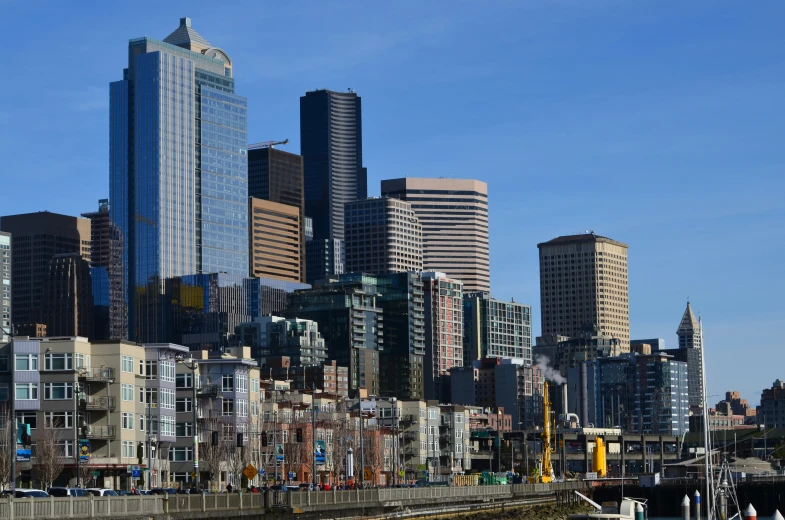 several city buildings are beside a body of water