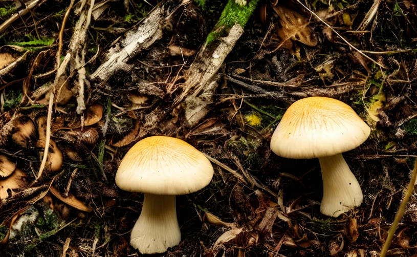 a couple of small mushrooms sitting on the ground