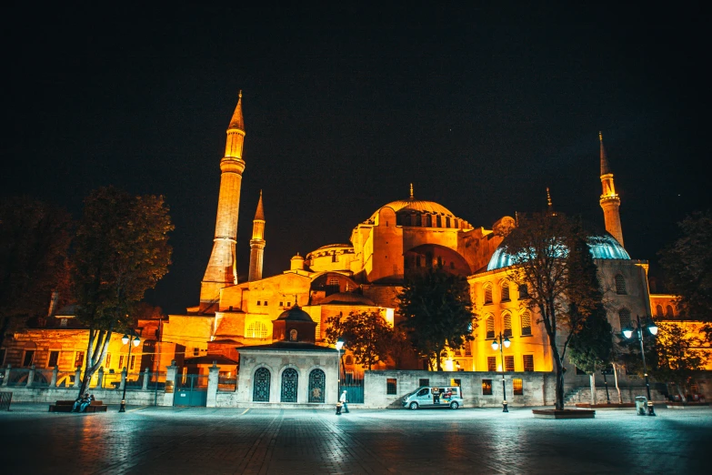 a mosque that has lights on at night