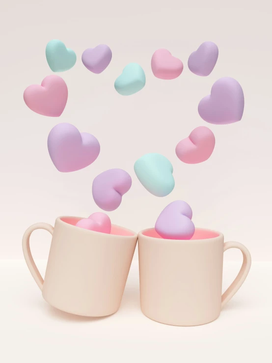 two mugs that have hearts in them floating out of them