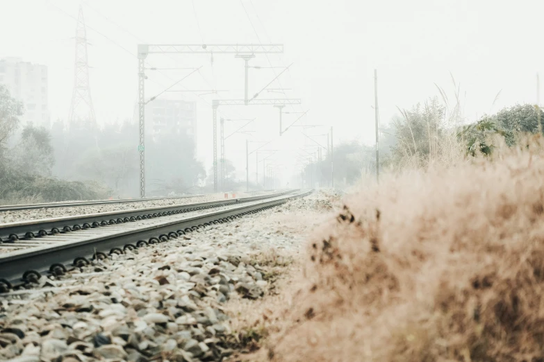 a large grassy area near train tracks with a train moving along it